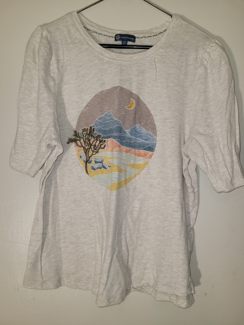 Democracy White Short Sleeve Tee with Desert Mountain Graphic
